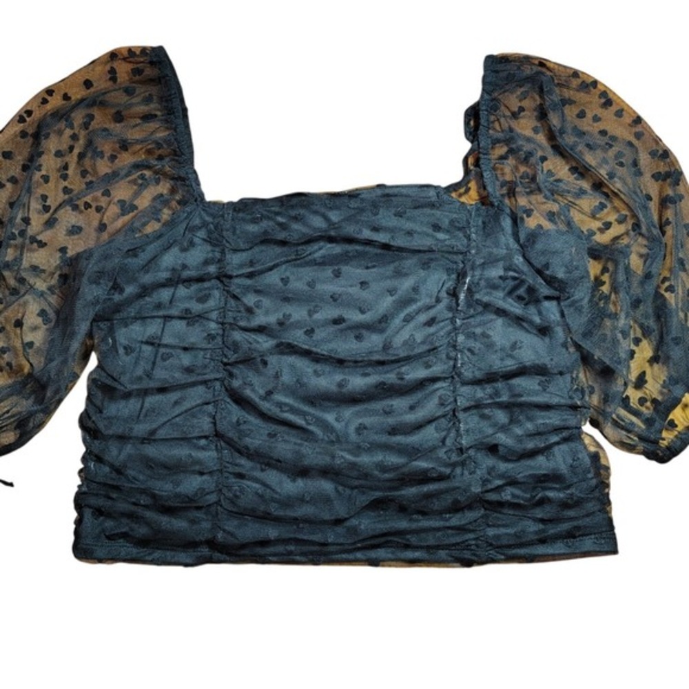 Forever 21 Plus Black Heart Mesh Ruched‎ Puff Sleeve Crop Top 1X goth witchy